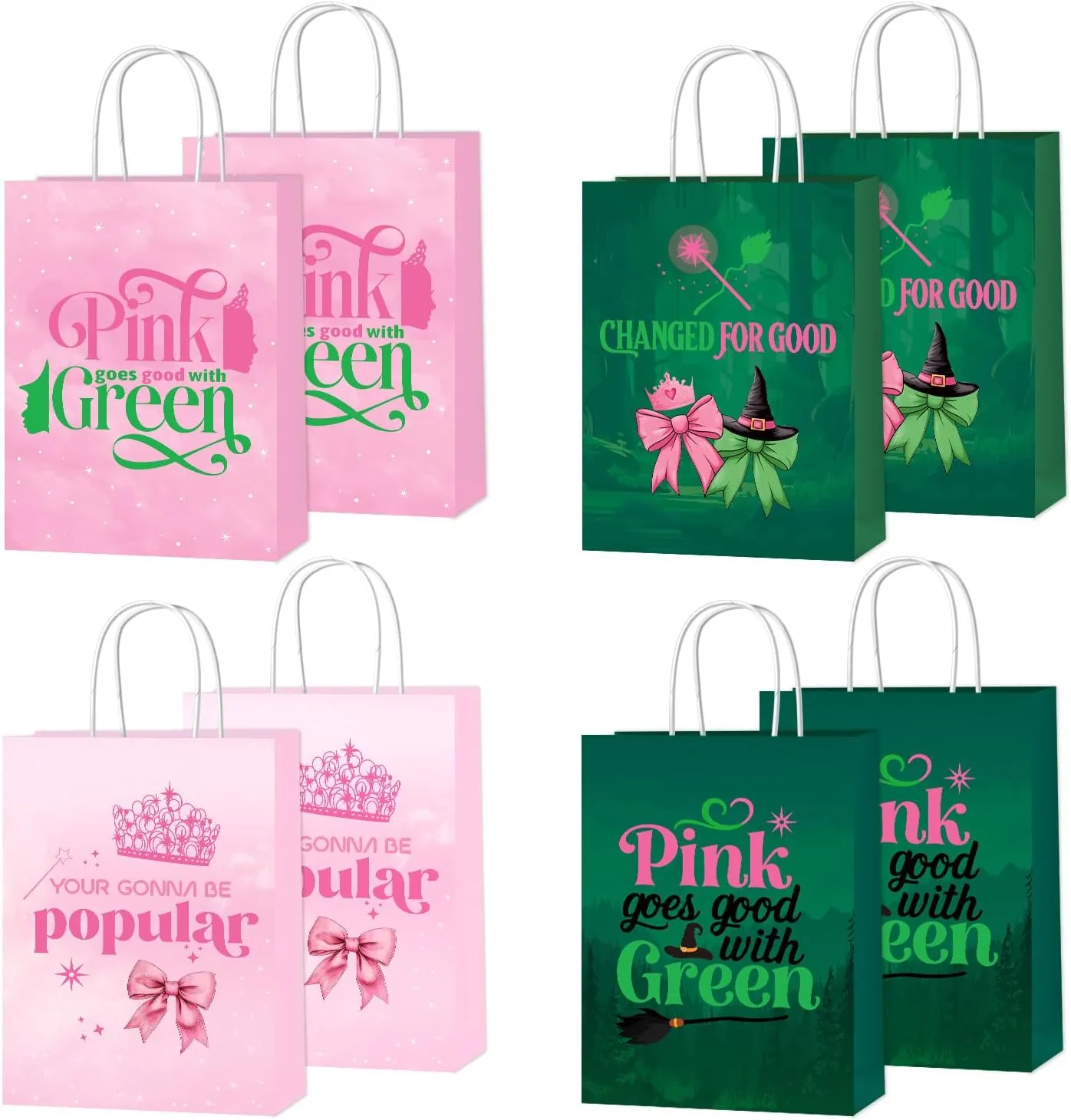 SNABETNA Pink and Green Birthday Party Decorations,16pcs Double Side Paper Candy Bags with Handle,Pink and Green Witch Theme Goodie Bags for Party Supplies