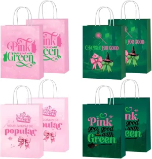 SNABETNA Pink and Green Birthday Party Decorations,16pcs Double Side Paper Candy Bags with Handle,Pink and Green Witch Theme Goodie Bags for Party Supplies