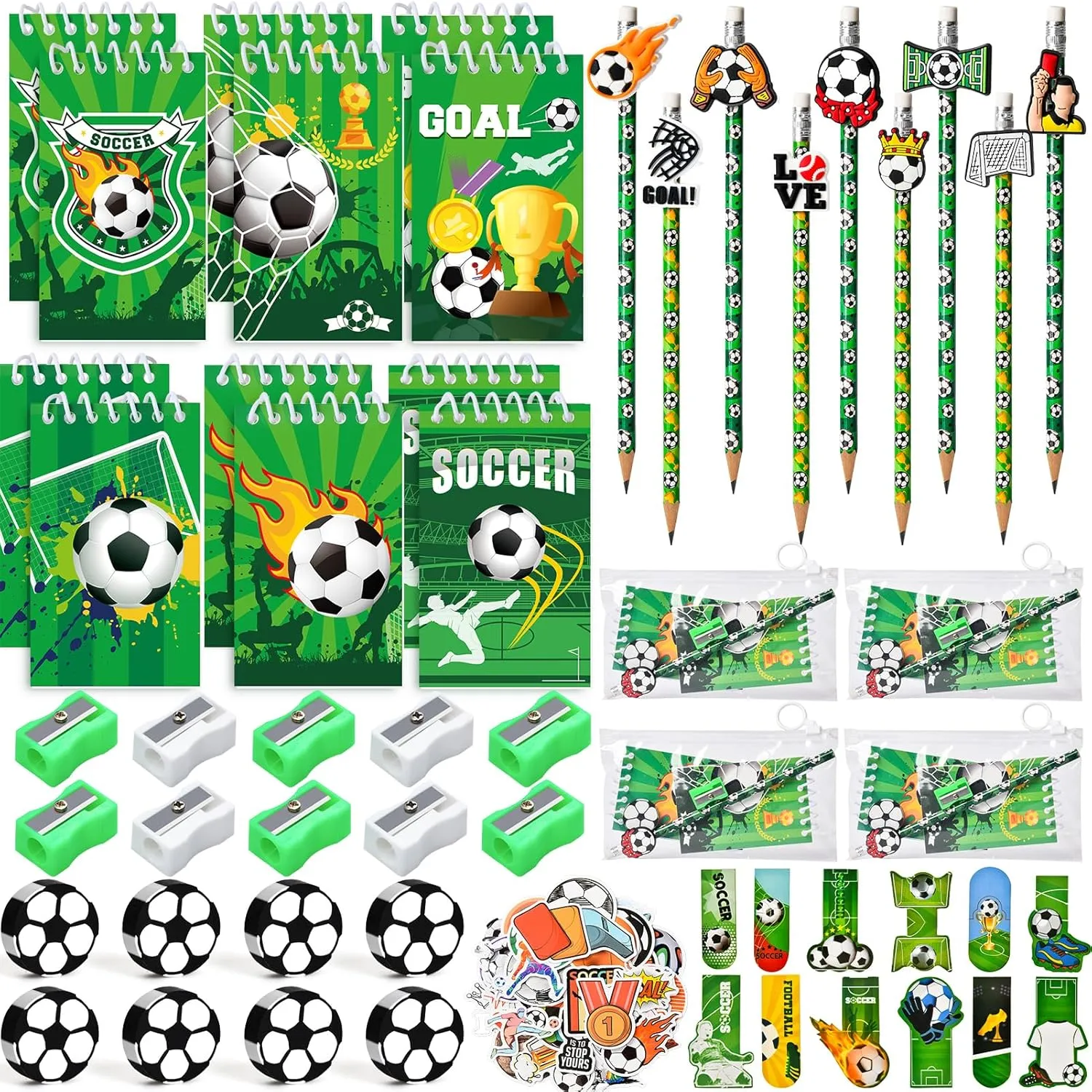 Soccer Party Favors, Notebooks Pencils Erasers Bookmarks Sharpeners Goodie Bags Stickers, Soccer Theme Birthday Team Party Supplies Goodie Bags Stuffers for Kids