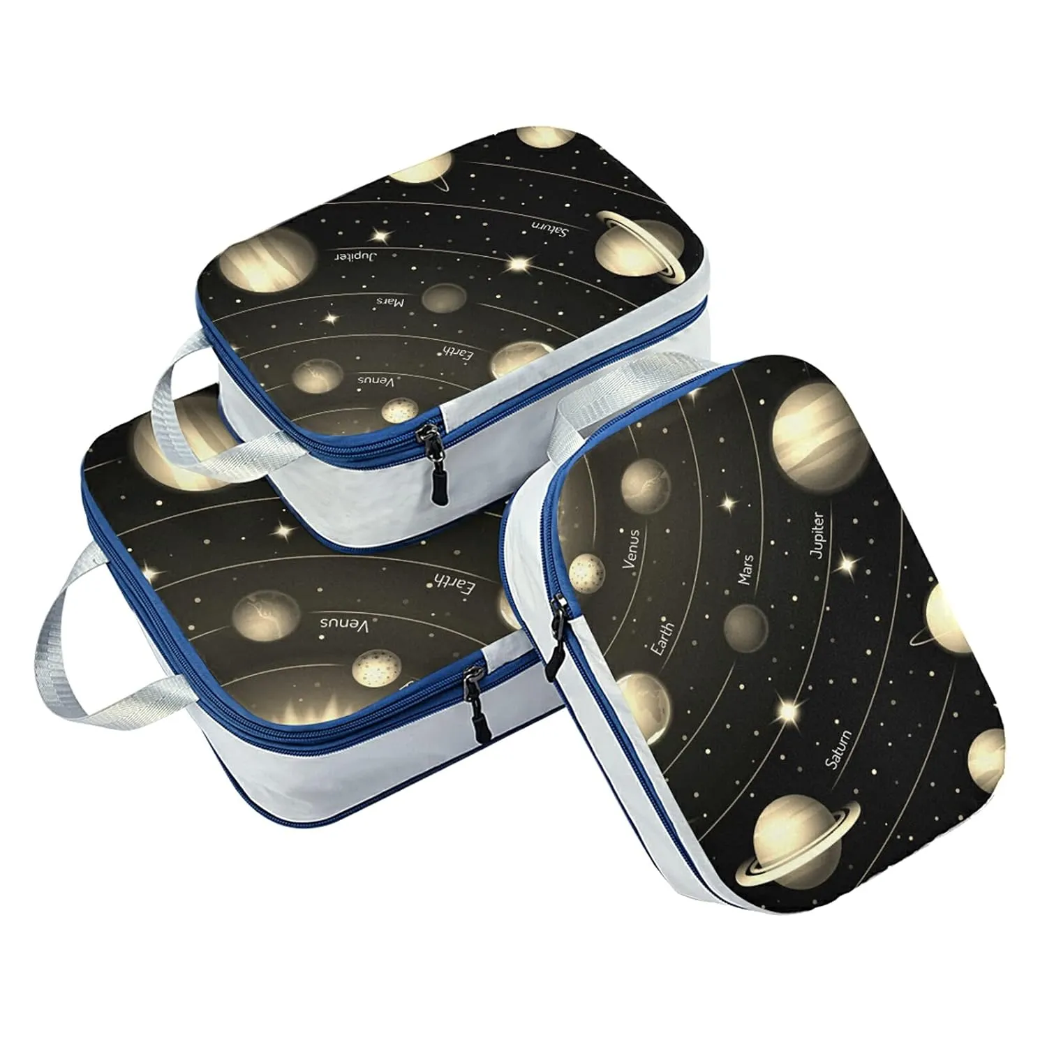 Solar System with the Sun Earth Mars Mercury Jupiter Saturn Uranus 3 Set Packing Cubes, Waterproof Check Oxford cloth Organizers, Travel Packing Toiletry Storage Bag