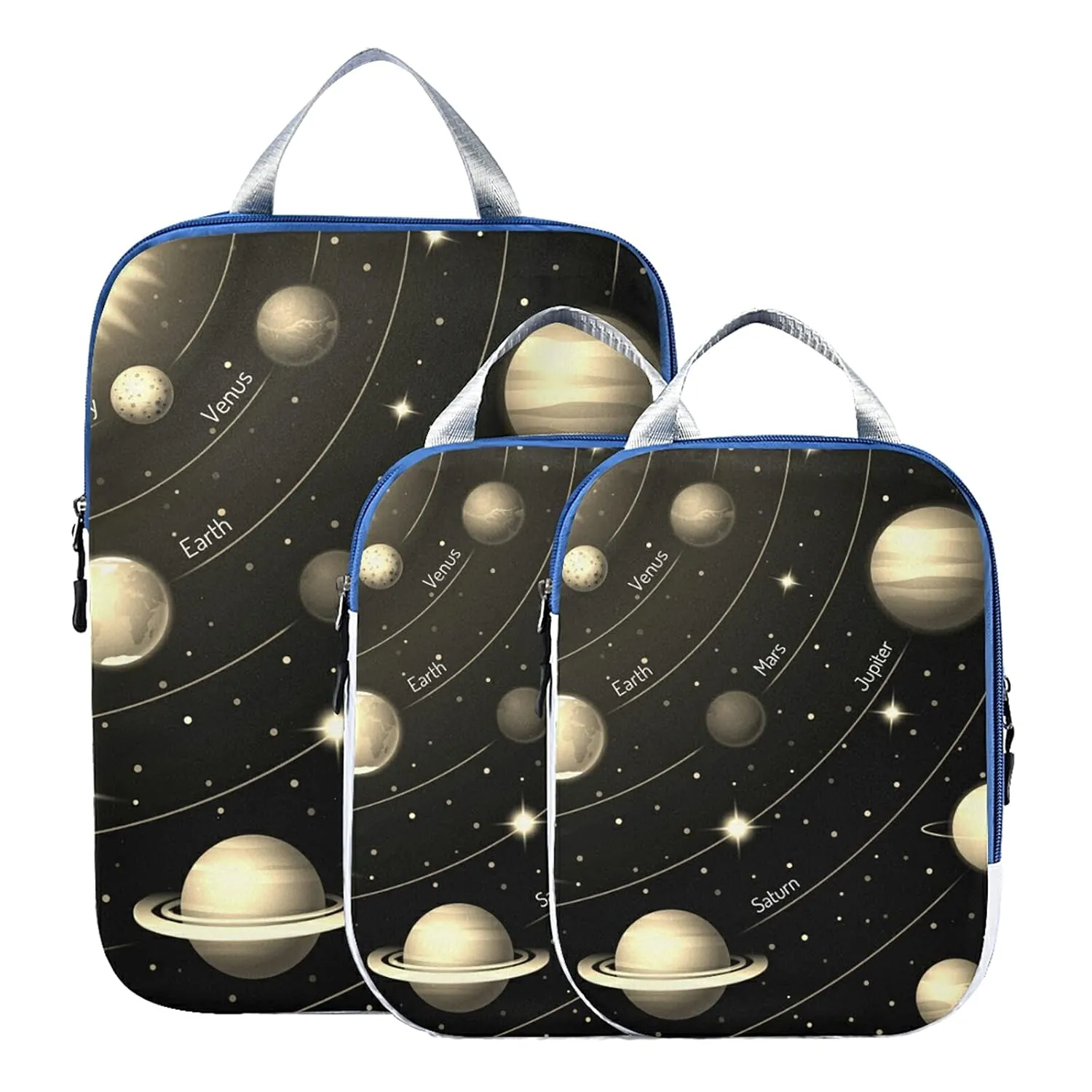 Solar System with the Sun Earth Mars Mercury Jupiter Saturn Uranus 3 Set Packing Cubes, Waterproof Check Oxford cloth Organizers, Travel Packing Toiletry Storage Bag
