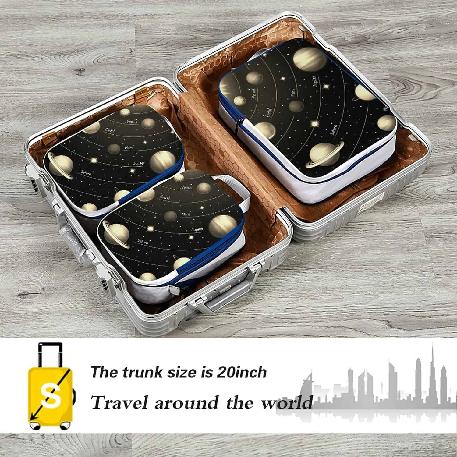 Solar System with the Sun Earth Mars Mercury Jupiter Saturn Uranus 3 Set Packing Cubes, Waterproof Check Oxford cloth Organizers, Travel Packing Toiletry Storage Bag