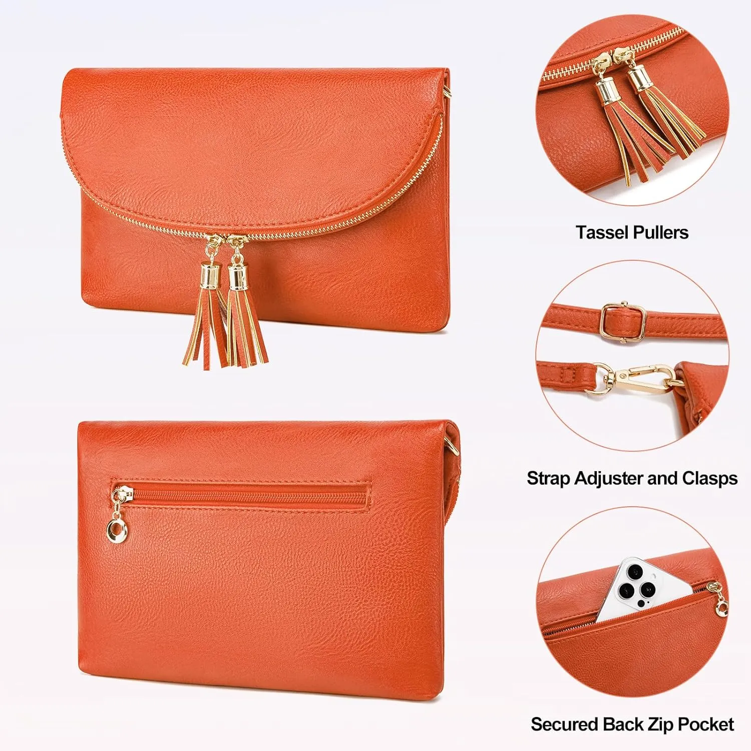 Solene Womens Envelop Clutch Purse Multi Compartments, 6 Card Slot Inside, Crossbody Bag With Tassels