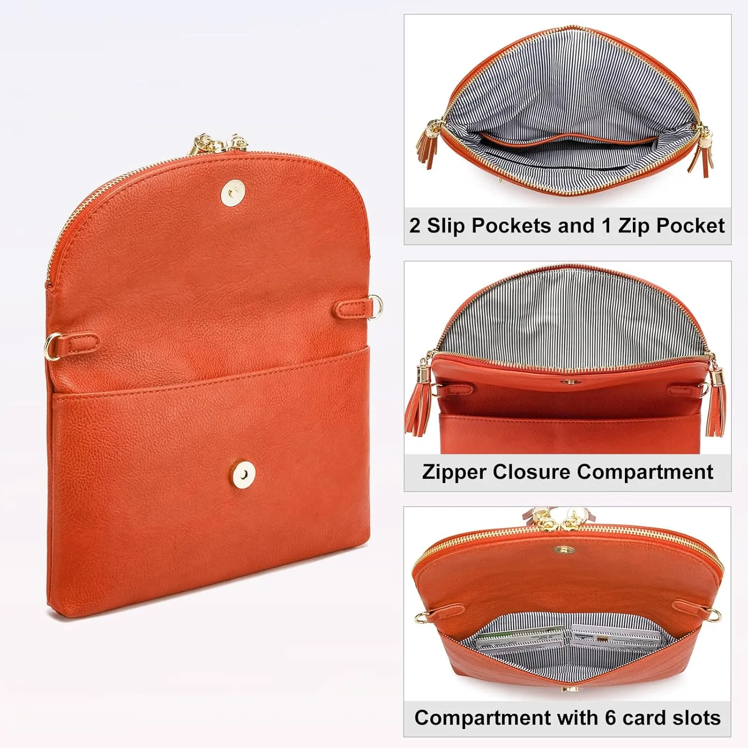 Solene Womens Envelop Clutch Purse Multi Compartments, 6 Card Slot Inside, Crossbody Bag With Tassels