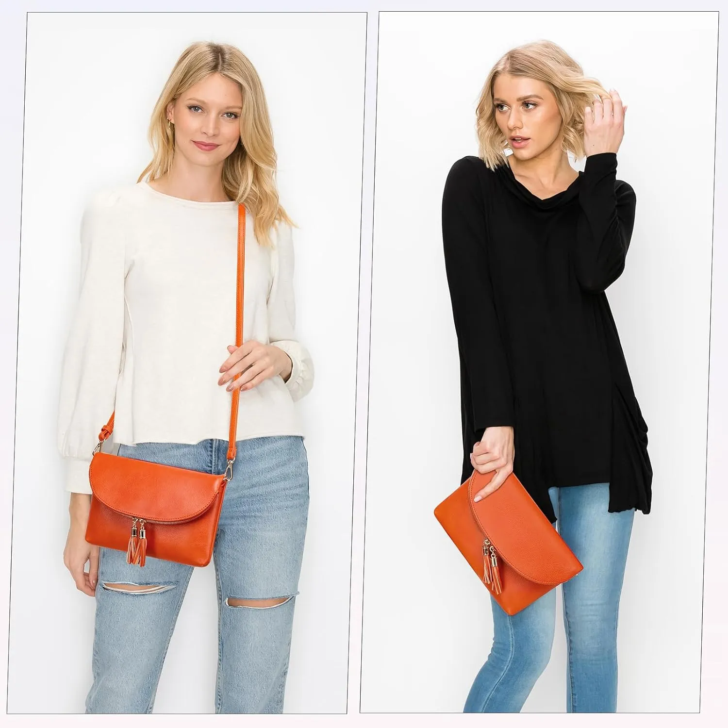 Solene Womens Envelop Clutch Purse Multi Compartments, 6 Card Slot Inside, Crossbody Bag With Tassels