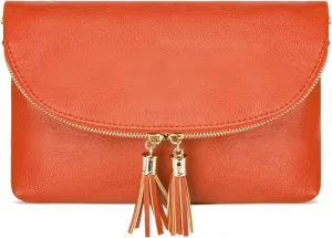 Solene Womens Envelop Clutch Purse Multi Compartments, 6 Card Slot Inside, Crossbody Bag With Tassels