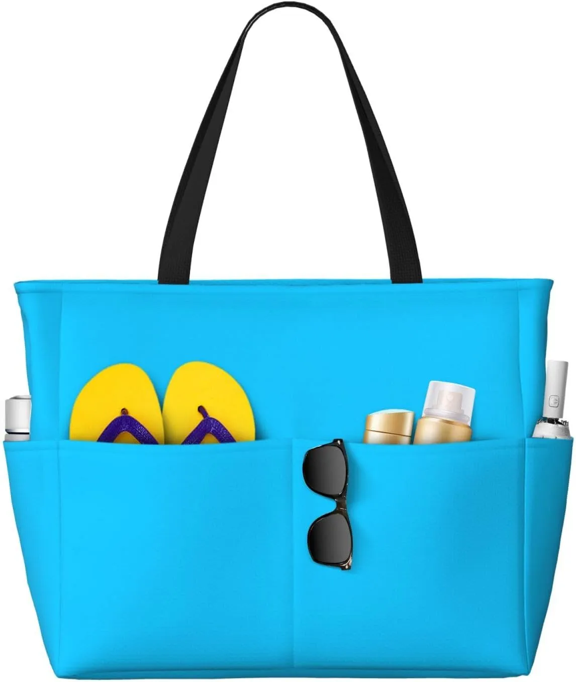 Solid color light blue Print 28L Large Beach Tote Bag, 7 Pockets Waterproof Travel Shoulder Bag, Gym Oversized Tote