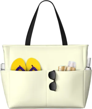Solid Vivid Yellow Print 28L Large Beach Tote Bag, 7 Pockets Waterproof Travel Shoulder Bag, Gym Oversized Tote
