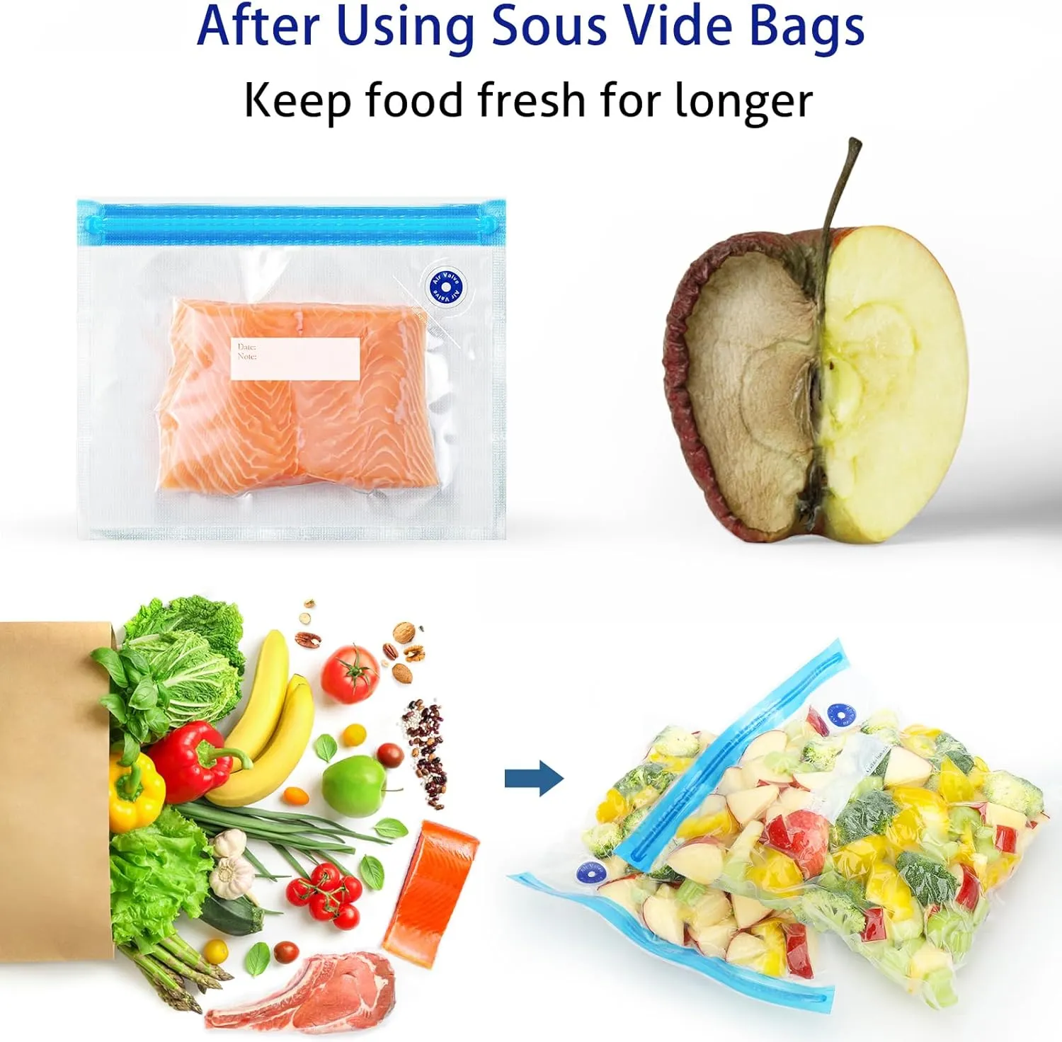 Sous Vide Bags 31 Pcs (24 Pcs Vacuum Zipper Bags & 2 Seal Clips & 5 Air Valves), Reusable BPA Free Vacuum Sealer Bags (13 * 10 in) Vacuum Food Storage Bags for Cooking/Food Storage/Microwave Heating