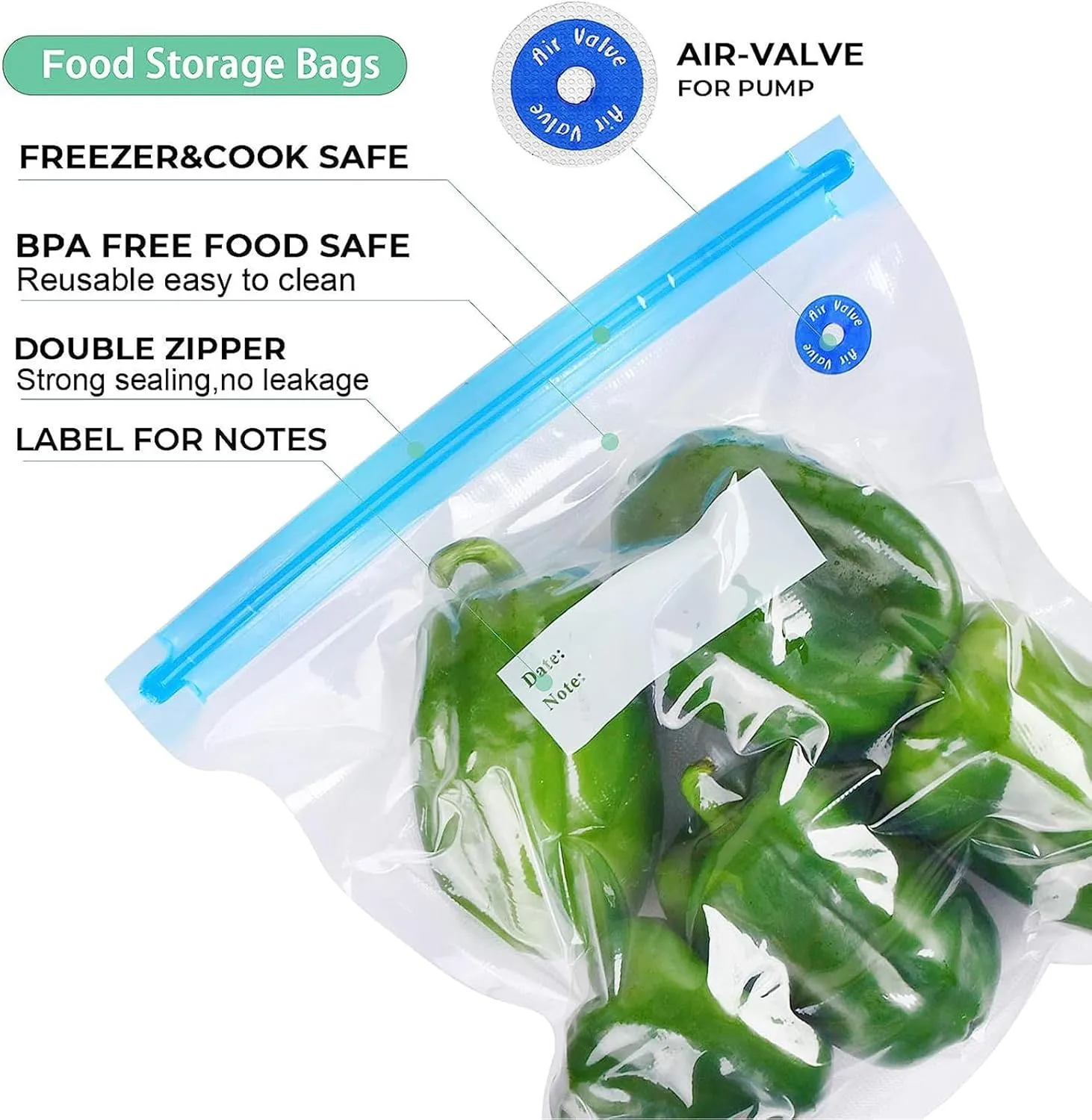 Sous Vide Bags 31 Pcs (24 Pcs Vacuum Zipper Bags & 2 Seal Clips & 5 Air Valves), Reusable BPA Free Vacuum Sealer Bags (13 * 10 in) Vacuum Food Storage Bags for Cooking/Food Storage/Microwave Heating