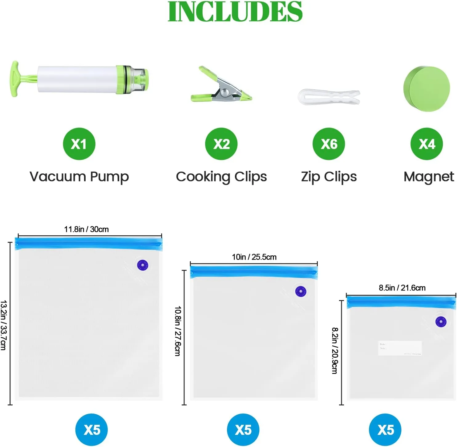Sous Vide Bags Kit 28PCS - 15 Reusable Vacuum Food Storage Bags,6 Sealing Clips,2 Clamps for Food Storage,1 Hand Pump,4 Sous Vide Magnets to Keep Bags Submerged and in Place