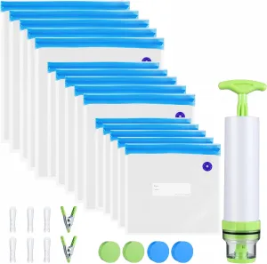 Sous Vide Bags Kit 28PCS - 15 Reusable Vacuum Food Storage Bags,6 Sealing Clips,2 Clamps for Food Storage,1 Hand Pump,4 Sous Vide Magnets to Keep Bags Submerged and in Place