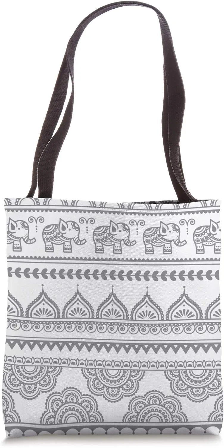 Southeast Asia Geometric Pattern Boho Elephant Grey & White Tote Bag