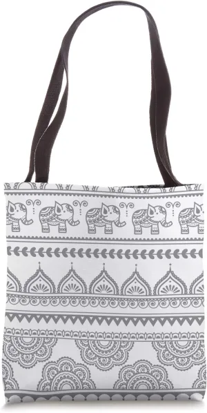 Southeast Asia Geometric Pattern Boho Elephant Grey & White Tote Bag