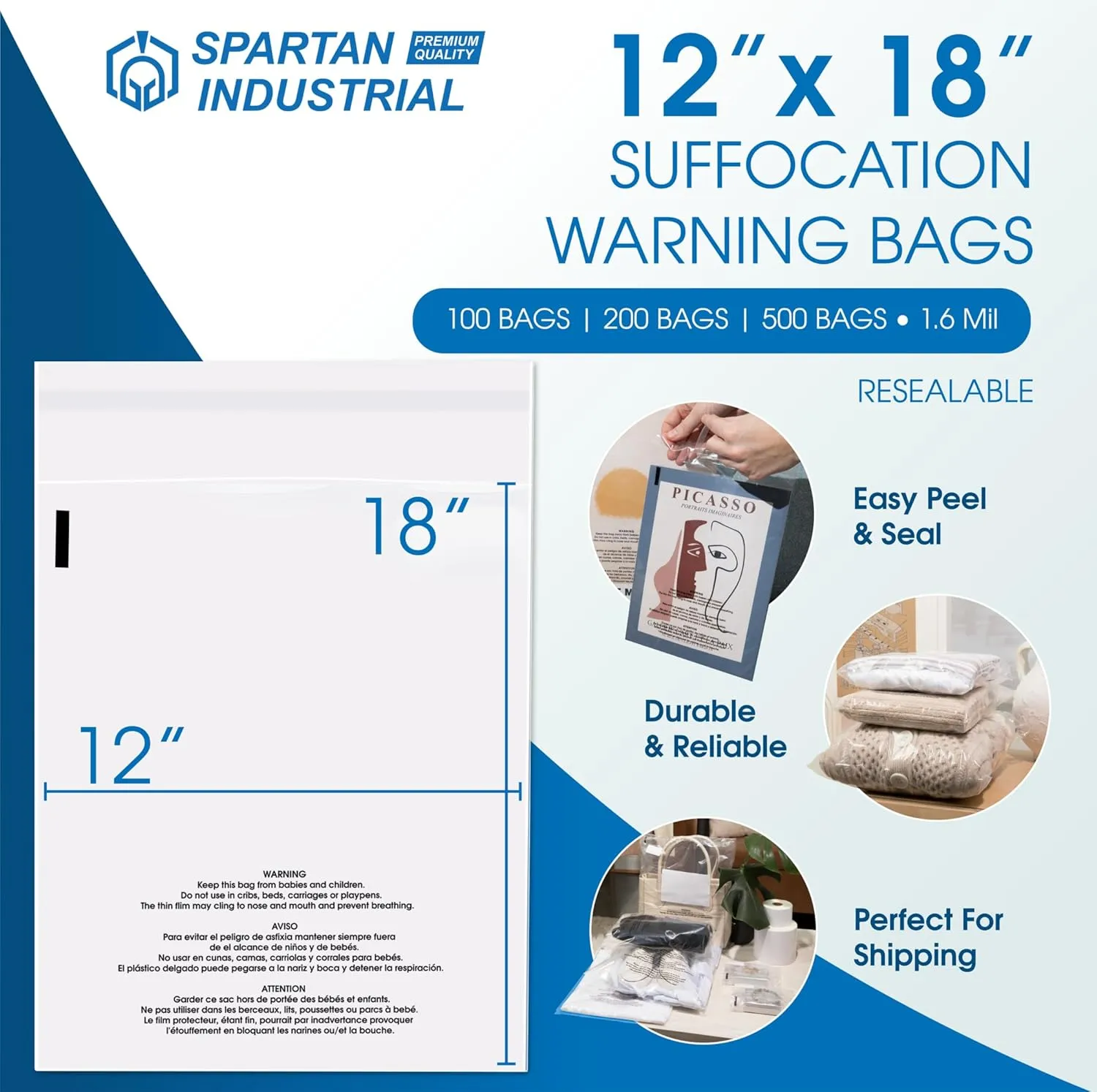 Spartan Industrial - 12” X 18” (200 Count) Self Seal Clear Poly Bags with Suffocation Warning for Packaging, T Shirts & Shipping - Resealable Glue