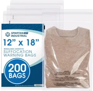 Spartan Industrial - 12” X 18” (200 Count) Self Seal Clear Poly Bags with Suffocation Warning for Packaging, T Shirts & Shipping - Resealable Glue
