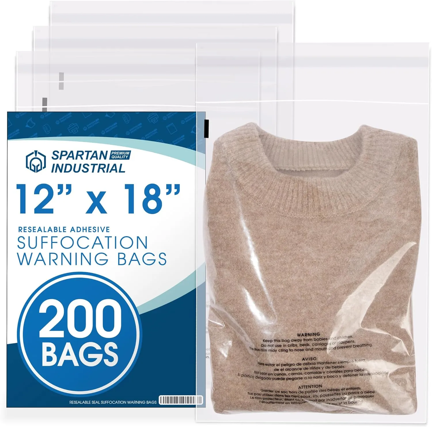 Spartan Industrial - 12” X 18” (200 Count) Self Seal Clear Poly Bags with Suffocation Warning for Packaging, T Shirts & Shipping - Resealable Glue