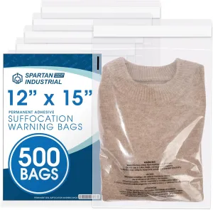 Spartan Industrial - 12" X 15" (500 Count) Self Seal Clear Poly Bags with Suffocation Warning for Packaging, Clothes - Permanent Adhesive