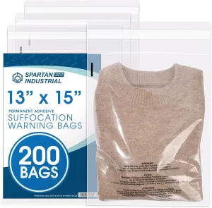 Spartan Industrial - 13” X 15” (200 Count) Self Seal Clear Poly Bags with Suffocation Warning for Packaging, T Shirts - Permanent Adhesive