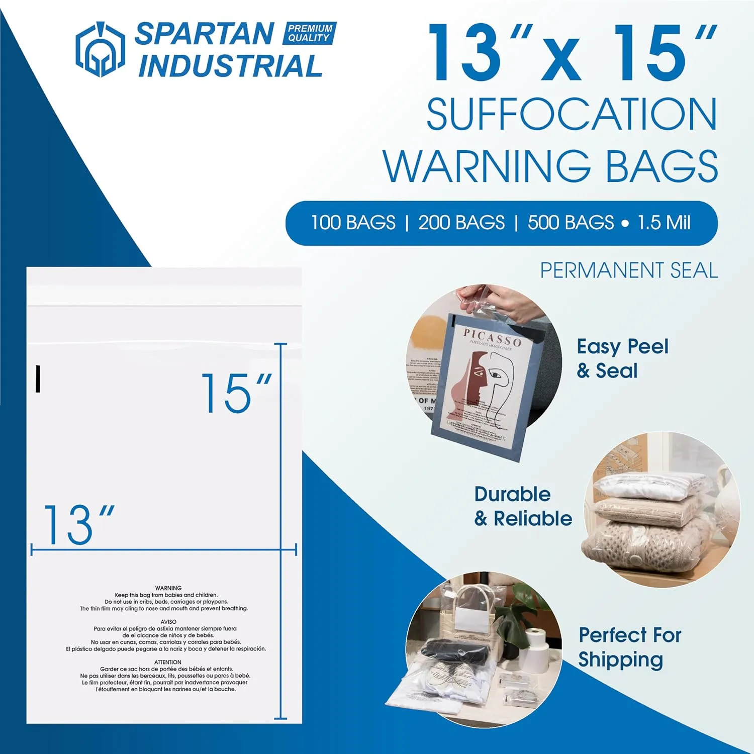 Spartan Industrial - 13” X 15” (200 Count) Self Seal Clear Poly Bags with Suffocation Warning for Packaging, T Shirts - Permanent Adhesive