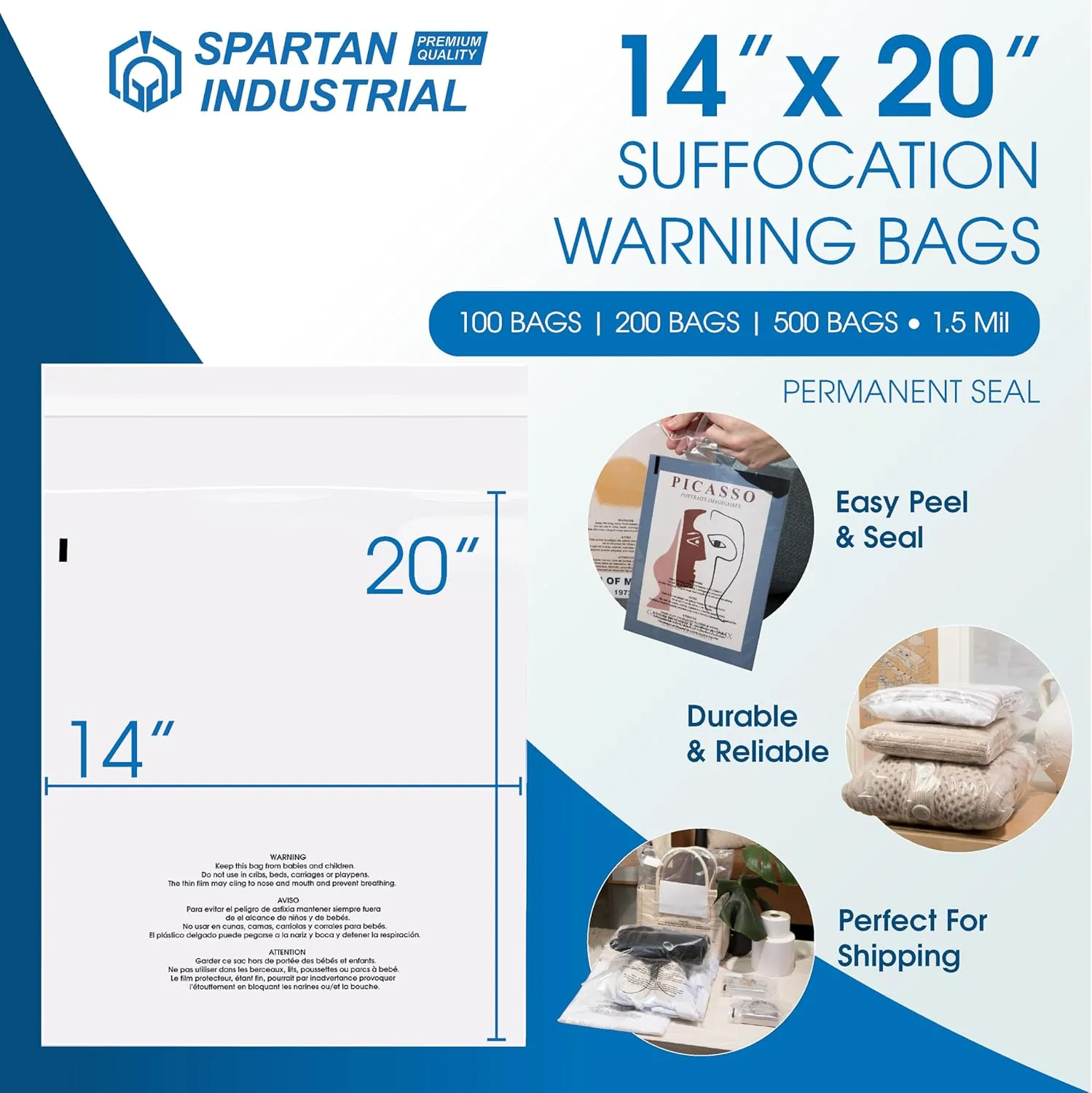 Spartan Industrial - 14” X 20” (200 Count) Self Seal Clear Poly Bags with Suffocation Warning for Packaging, Clothes - Permanent Adhesive