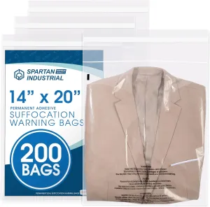 Spartan Industrial - 14” X 20” (200 Count) Self Seal Clear Poly Bags with Suffocation Warning for Packaging, Clothes - Permanent Adhesive
