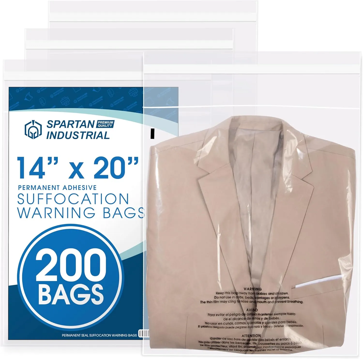 Spartan Industrial - 14” X 20” (200 Count) Self Seal Clear Poly Bags with Suffocation Warning for Packaging, Clothes - Permanent Adhesive