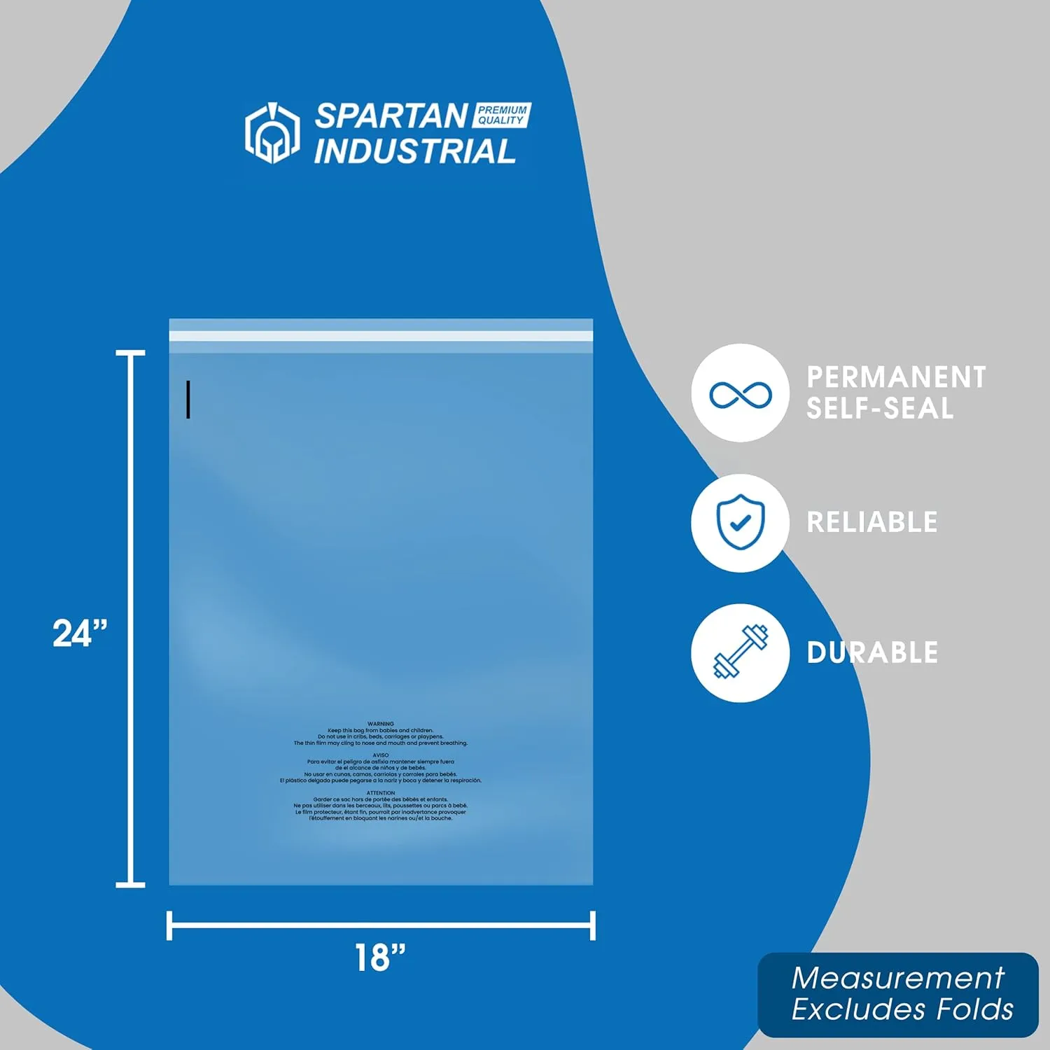 Spartan Industrial - 18" X 24" (100 Count) Self Seal Clear Poly Bags with Suffocation Warning for Packaging, T Shirts & FBA - Permanent Adhesive