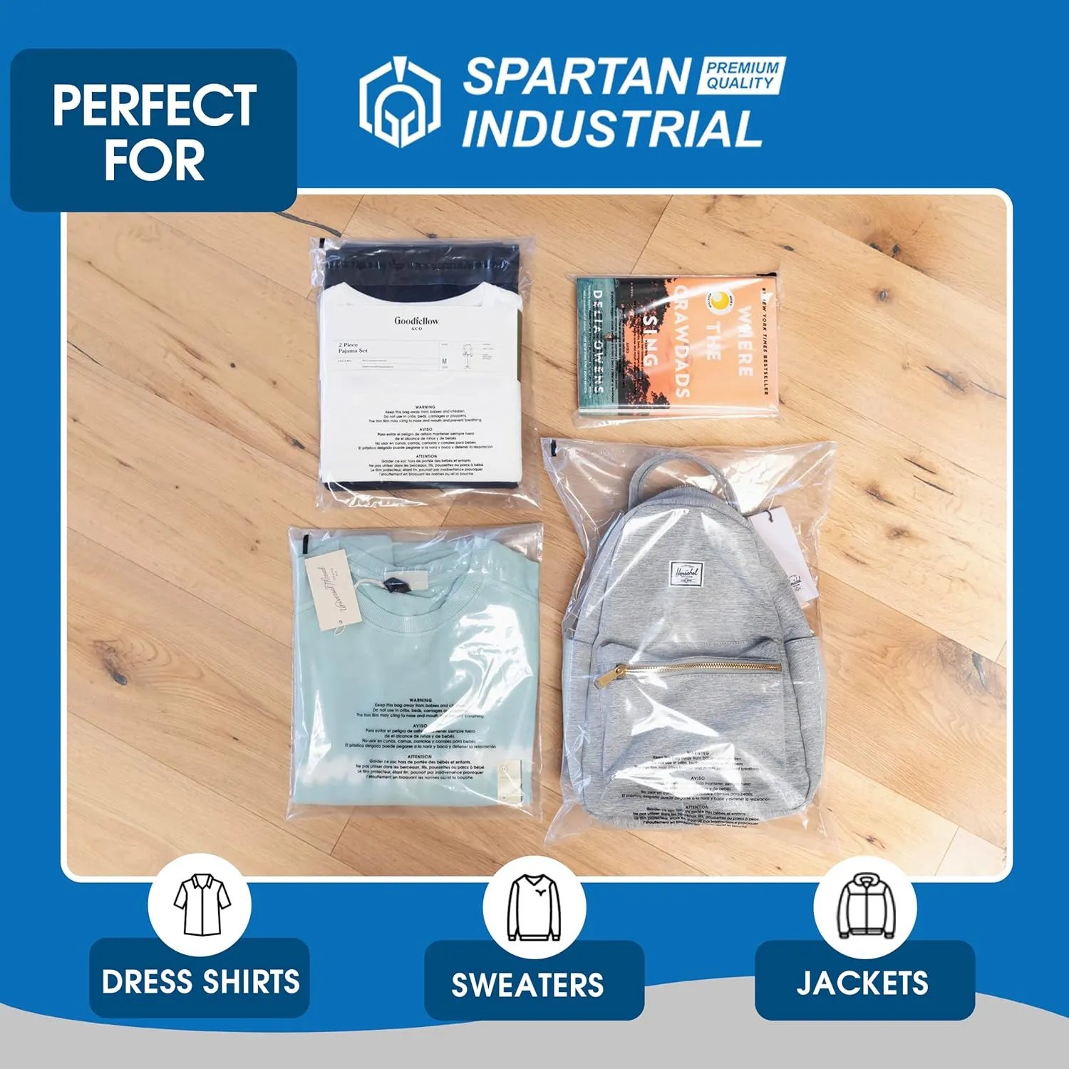 Spartan Industrial - 18" X 24" (100 Count) Self Seal Clear Poly Bags with Suffocation Warning for Packaging, T Shirts & FBA - Permanent Adhesive