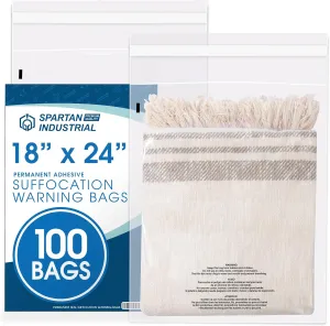 Spartan Industrial - 18" X 24" (100 Count) Self Seal Clear Poly Bags with Suffocation Warning for Packaging, T Shirts & FBA - Permanent Adhesive