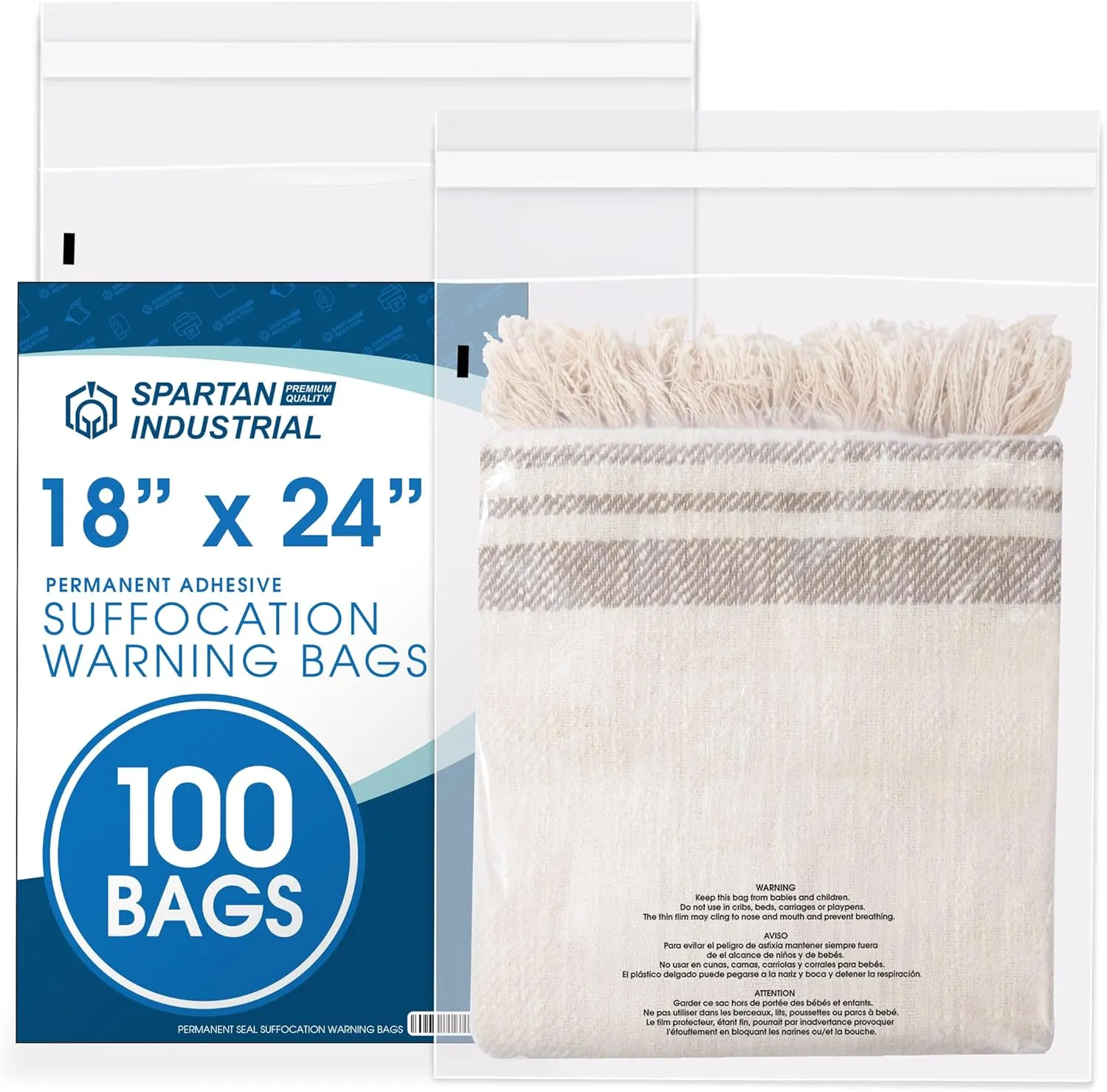 Spartan Industrial - 18" X 24" (100 Count) Self Seal Clear Poly Bags with Suffocation Warning for Packaging, T Shirts & FBA - Permanent Adhesive