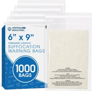 Spartan Industrial - 6" X 9" (1000 Count) Self Seal Clear Poly Bags with Suffocation Warning for Packaging, Shipping - Permanent Adhesive