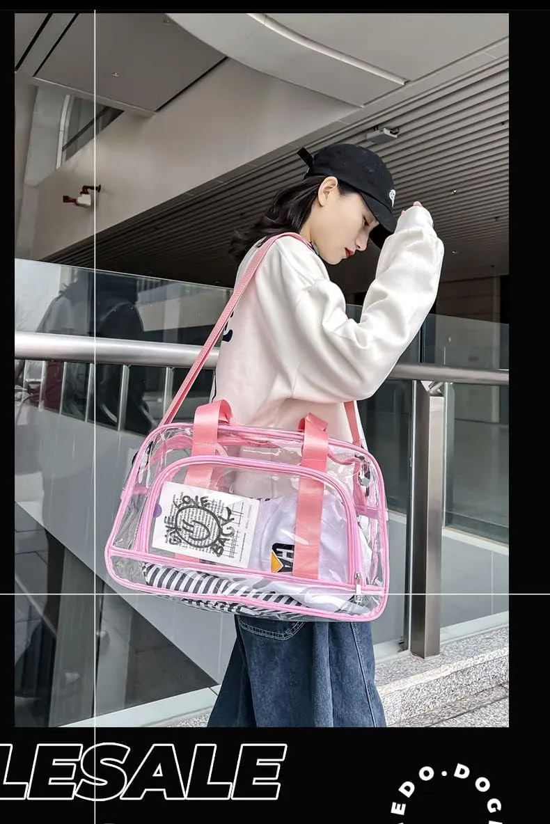 Sport Gym Yoga Dance Large Clear Travel Duffle Bag for Women Girls Weekender Overnight Duffel Bag (Pink)