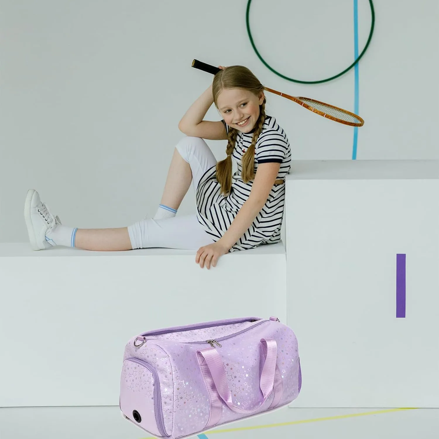 Sports Duffle Bag, Soft Plush Dance Duffle Bag with Wet & Shoe Compartments for Girls, Water Resistant Ballet Sport Travel Gym Bag Overnight Sleepover Bags for Girls