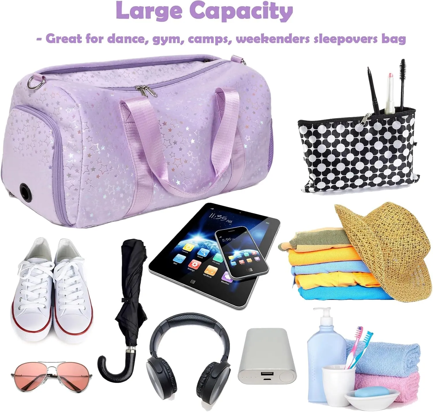 Sports Duffle Bag, Soft Plush Dance Duffle Bag with Wet & Shoe Compartments for Girls, Water Resistant Ballet Sport Travel Gym Bag Overnight Sleepover Bags for Girls