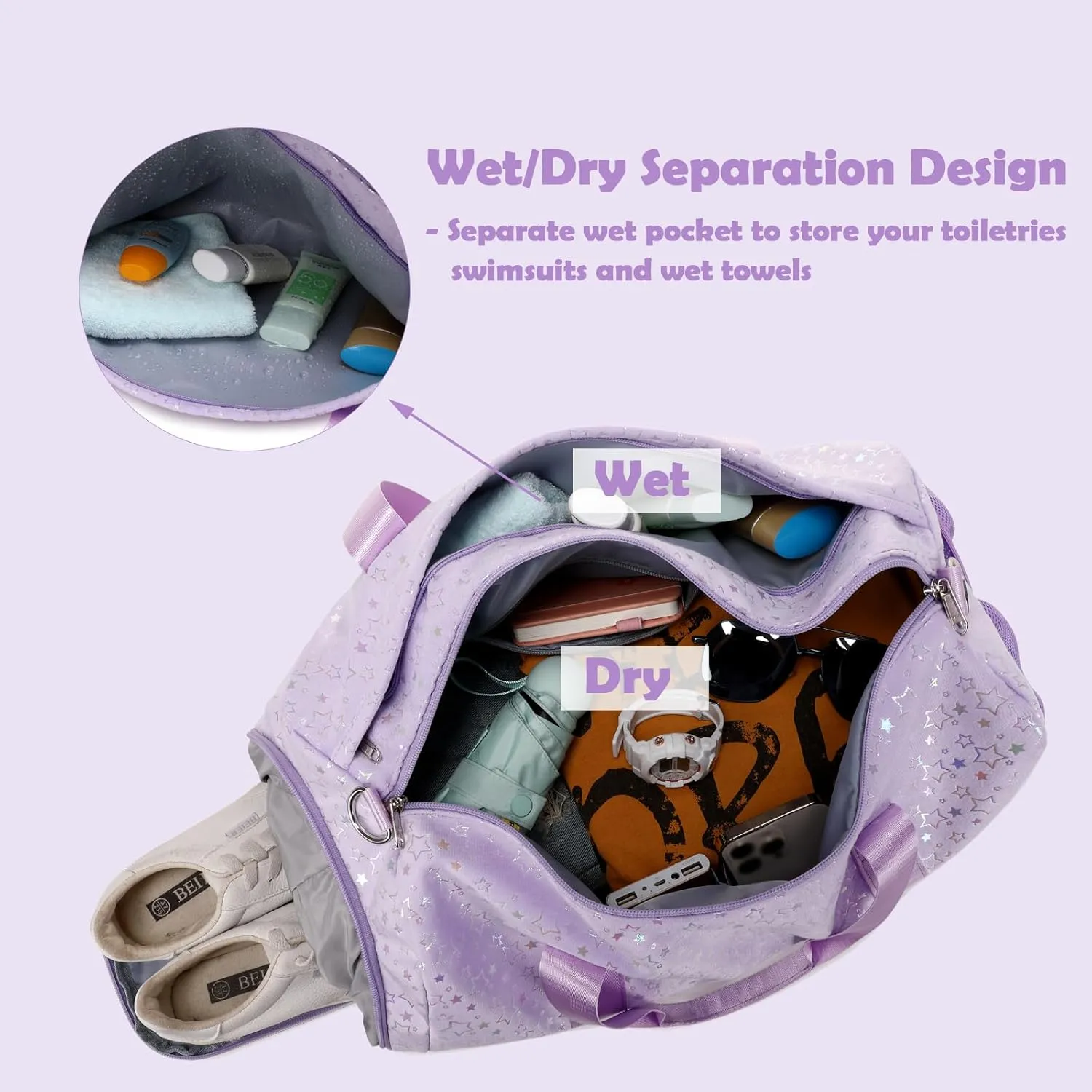 Sports Duffle Bag, Soft Plush Dance Duffle Bag with Wet & Shoe Compartments for Girls, Water Resistant Ballet Sport Travel Gym Bag Overnight Sleepover Bags for Girls