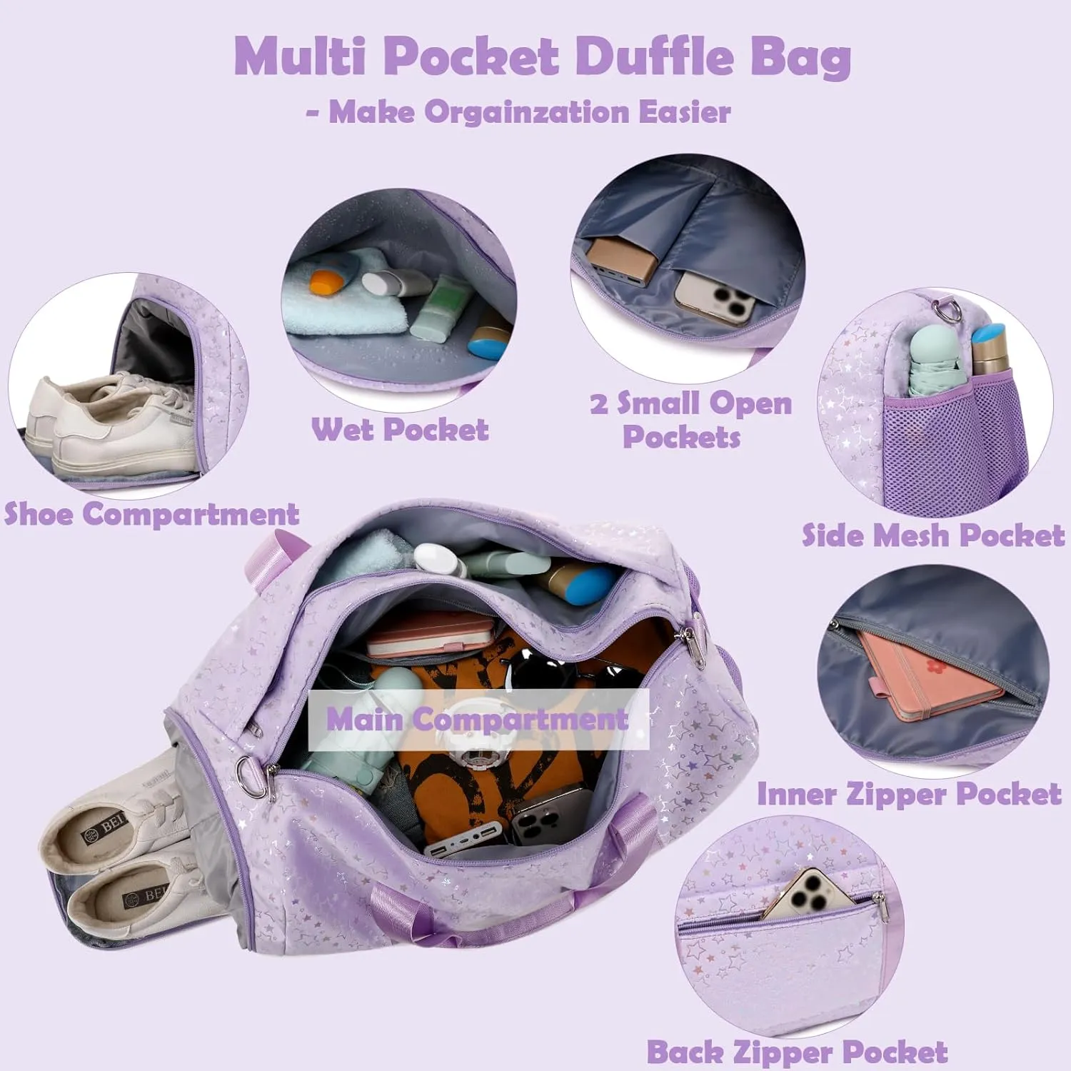 Sports Duffle Bag, Soft Plush Dance Duffle Bag with Wet & Shoe Compartments for Girls, Water Resistant Ballet Sport Travel Gym Bag Overnight Sleepover Bags for Girls