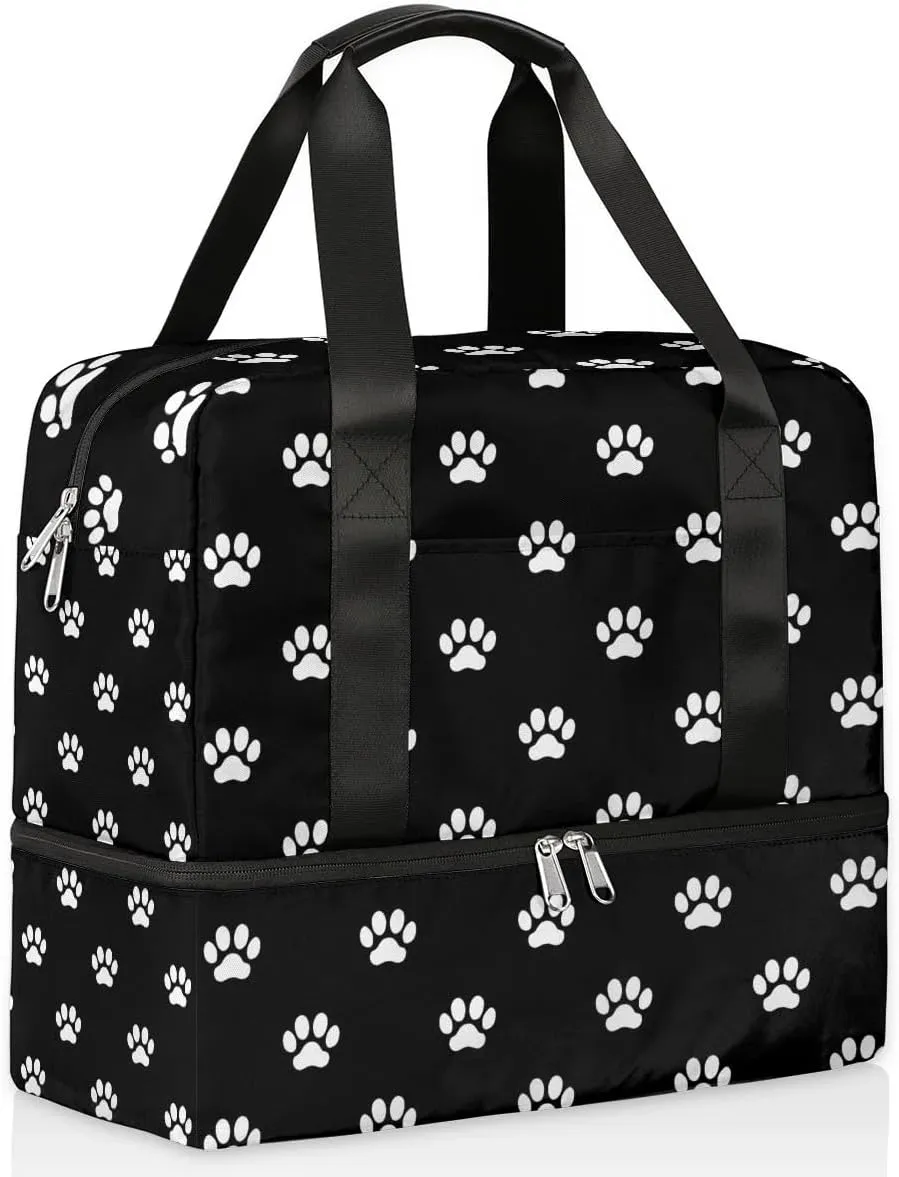 Sports Gym Bag Black Cat Dog Paw Prints Travel Duffel Bag Waterproof Lightweight Swim Bag Travel Tote Luggage Weekender Overnight Handbag Workout Bag with Shoes Compartment for Women Men