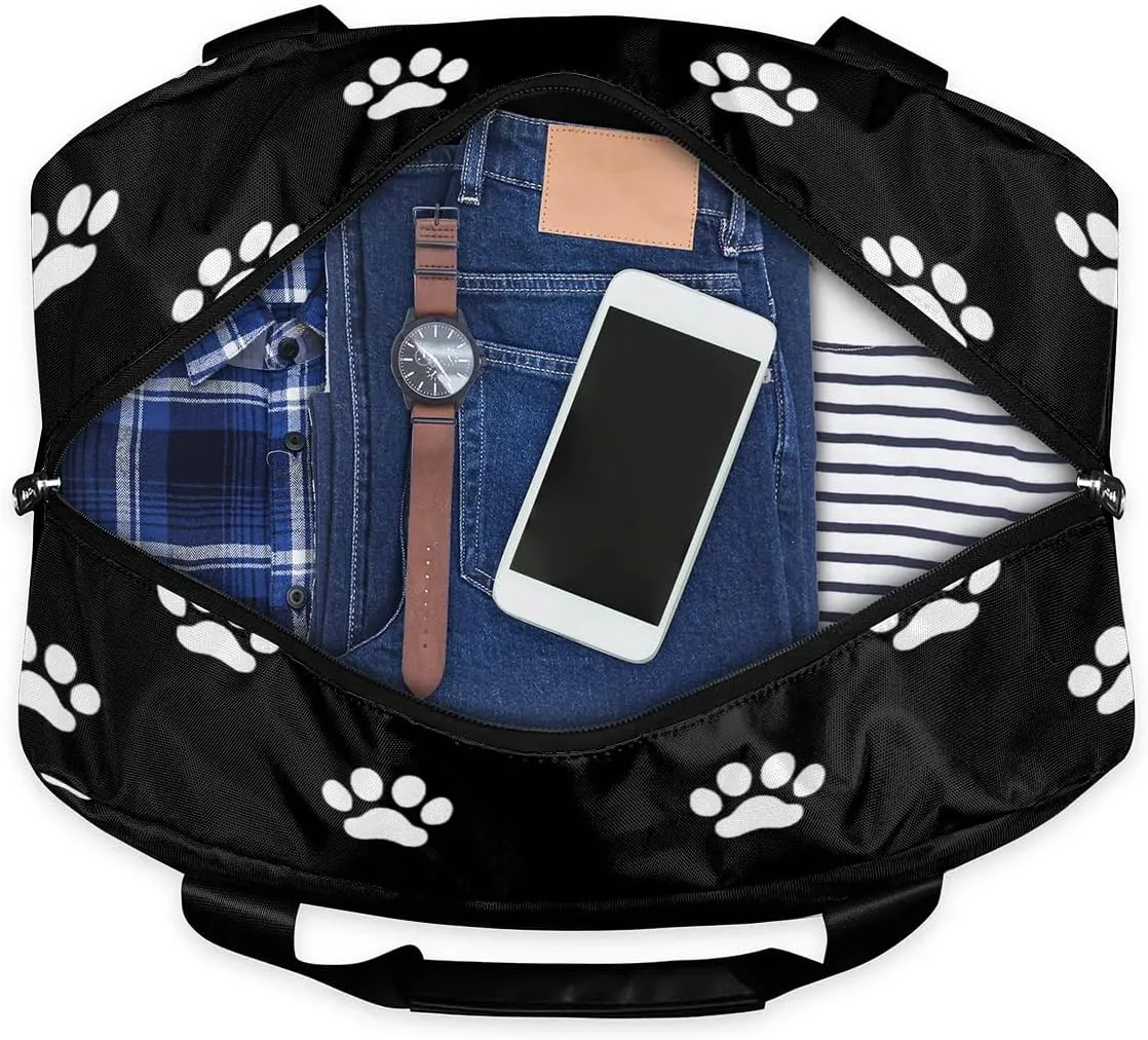 Sports Gym Bag Black Cat Dog Paw Prints Travel Duffel Bag Waterproof Lightweight Swim Bag Travel Tote Luggage Weekender Overnight Handbag Workout Bag with Shoes Compartment for Women Men