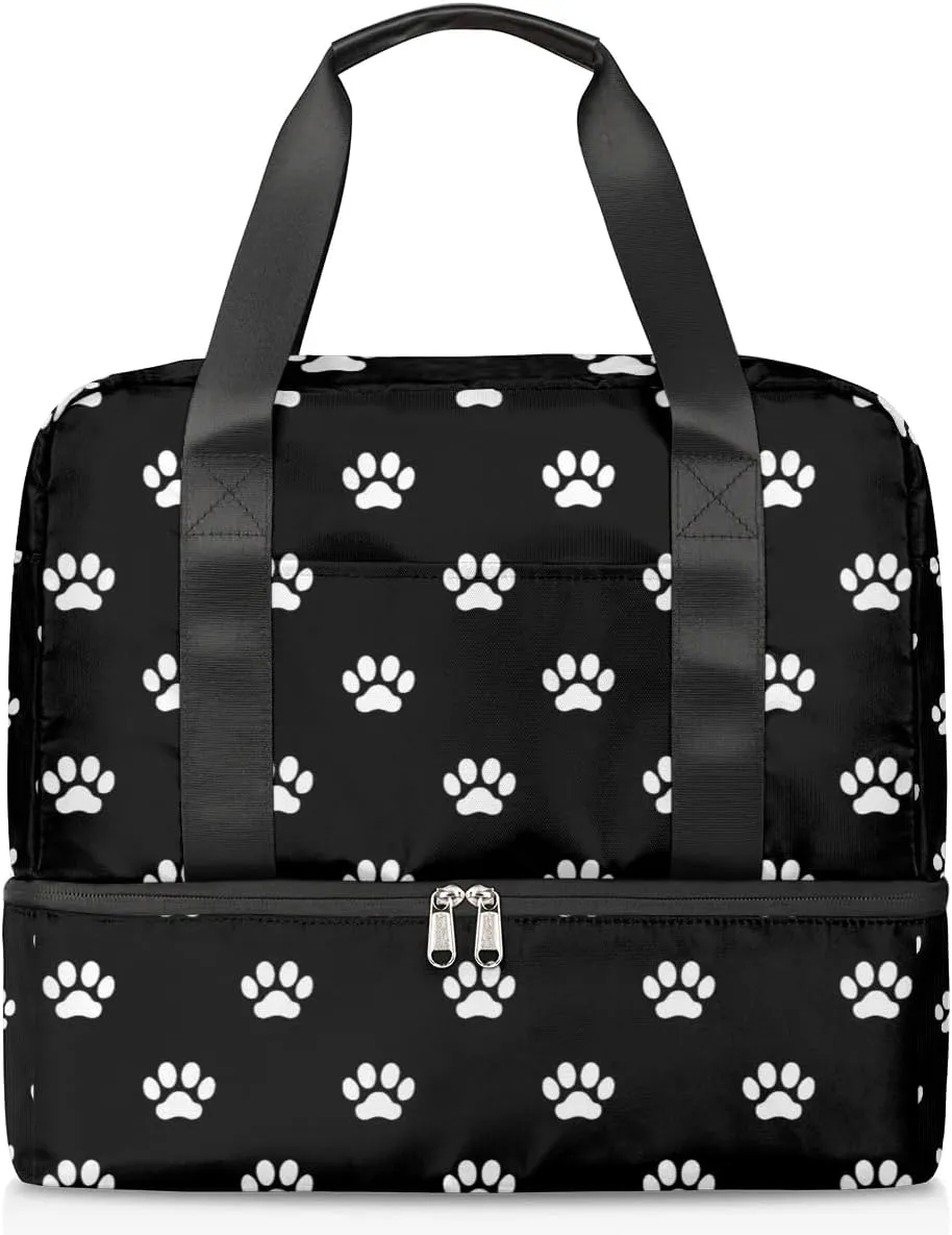 Sports Gym Bag Black Cat Dog Paw Prints Travel Duffel Bag Waterproof Lightweight Swim Bag Travel Tote Luggage Weekender Overnight Handbag Workout Bag with Shoes Compartment for Women Men