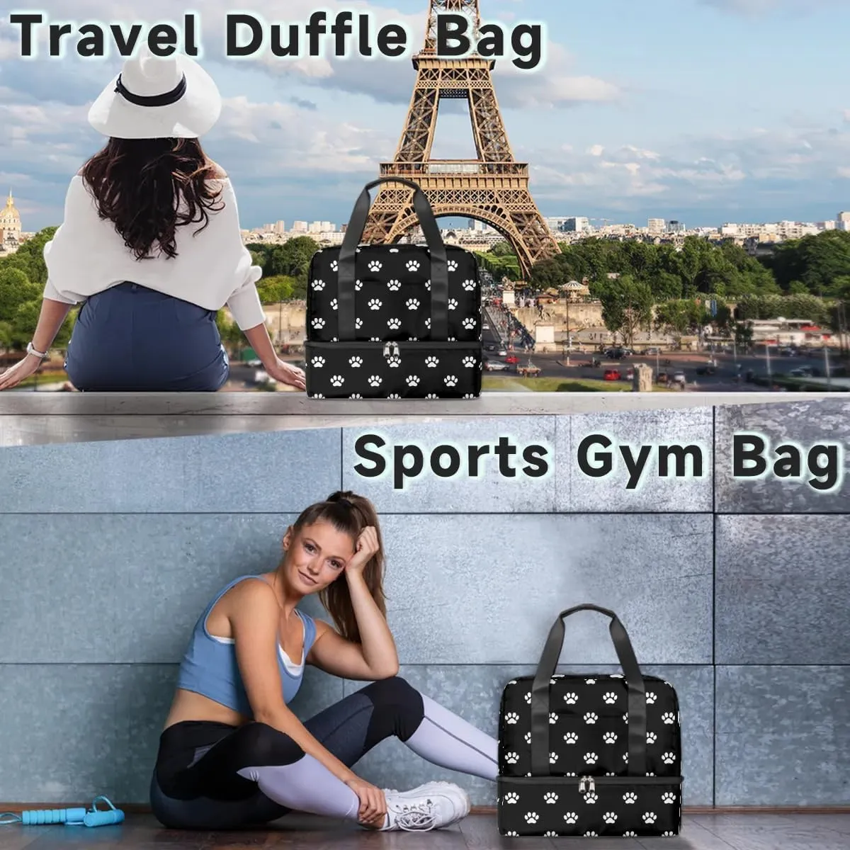 Sports Gym Bag Black Cat Dog Paw Prints Travel Duffel Bag Waterproof Lightweight Swim Bag Travel Tote Luggage Weekender Overnight Handbag Workout Bag with Shoes Compartment for Women Men