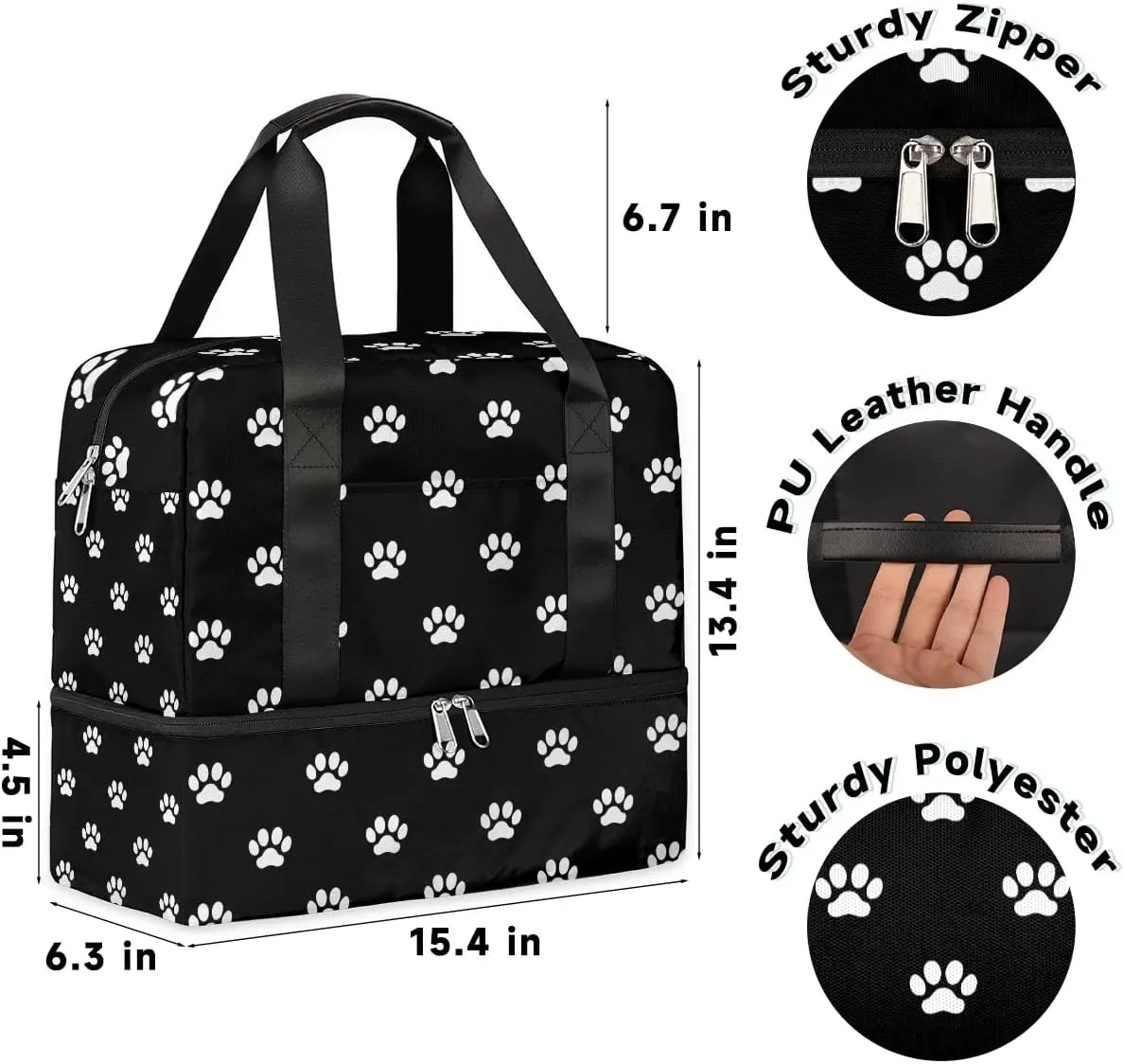 Sports Gym Bag Black Cat Dog Paw Prints Travel Duffel Bag Waterproof Lightweight Swim Bag Travel Tote Luggage Weekender Overnight Handbag Workout Bag with Shoes Compartment for Women Men