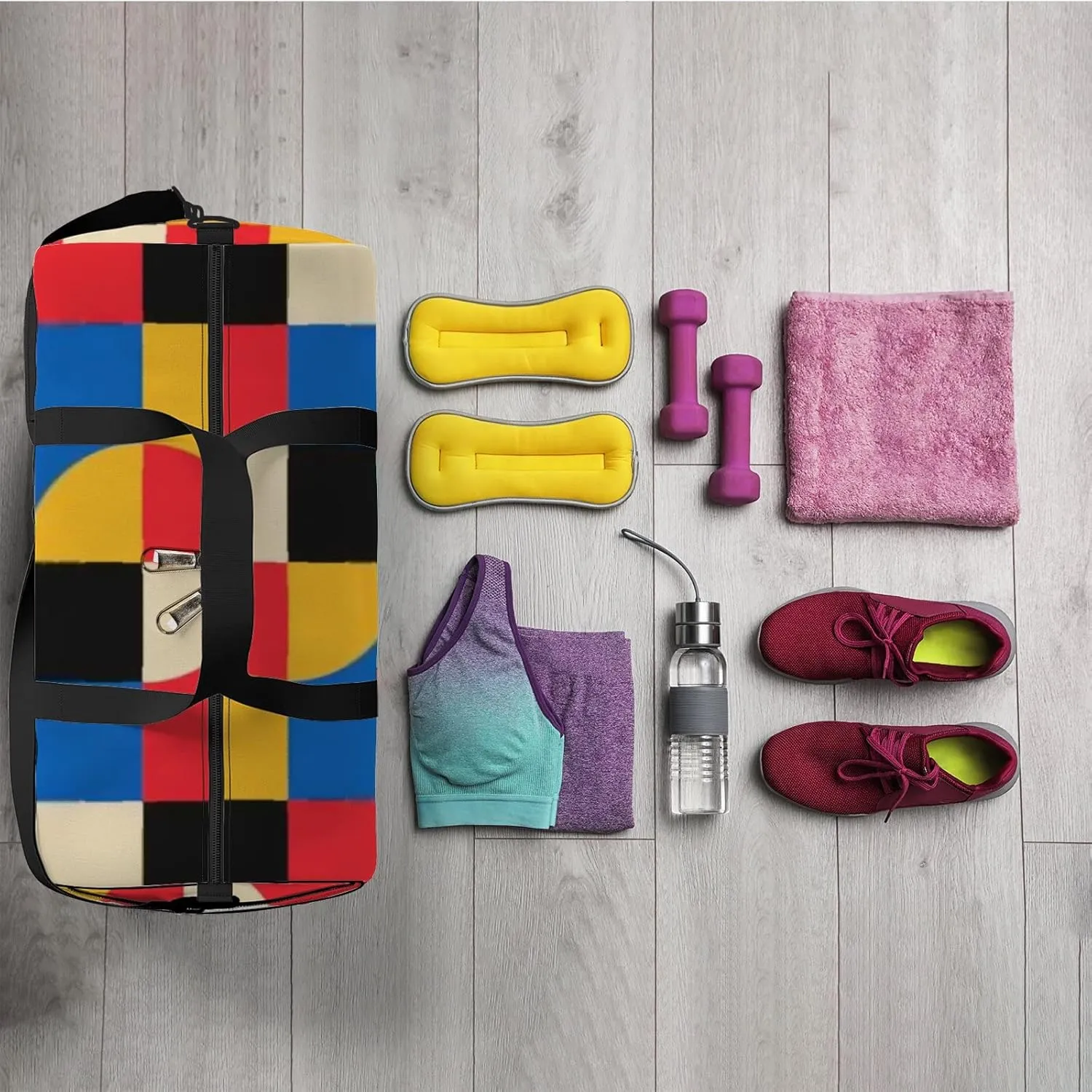 Sports Gym Bag for Women and Men Waterproof Abstract Geometric Pattern Bauhaus Style Duffel Bag Lightweight Carryon Traveling Boarding Gripsack