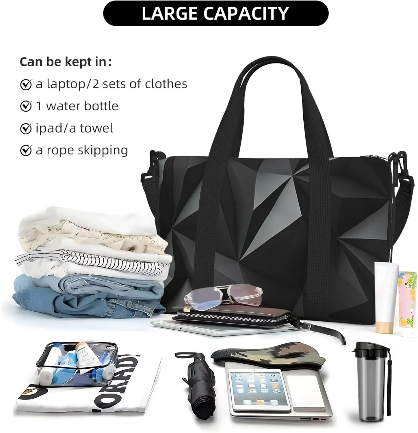 Sports Gym Bag for Women Men Travel Duffel Bag Tote Weekender Bag Carry on Overnight Bag for Travel Swimming Fitness Workout Sports black geometric Duffle Bag