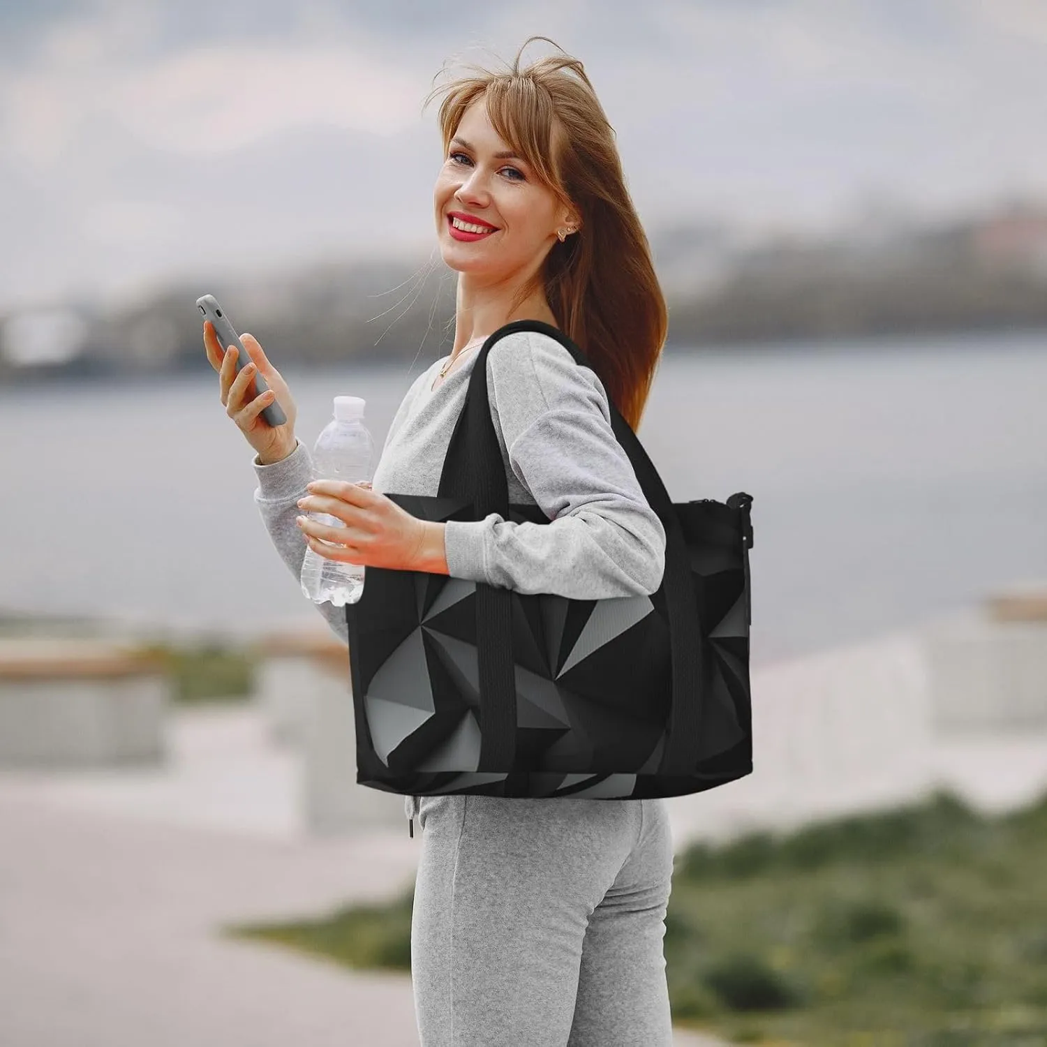 Sports Gym Bag for Women Men Travel Duffel Bag Tote Weekender Bag Carry on Overnight Bag for Travel Swimming Fitness Workout Sports black geometric Duffle Bag