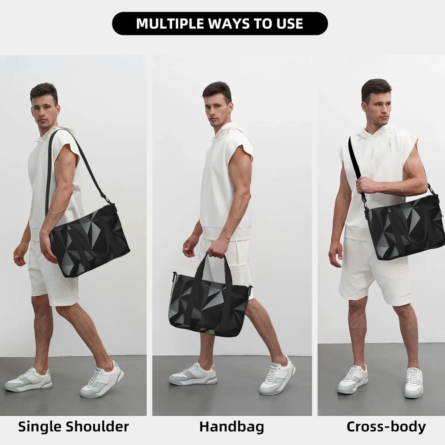 Sports Gym Bag for Women Men Travel Duffel Bag Tote Weekender Bag Carry on Overnight Bag for Travel Swimming Fitness Workout Sports black geometric Duffle Bag