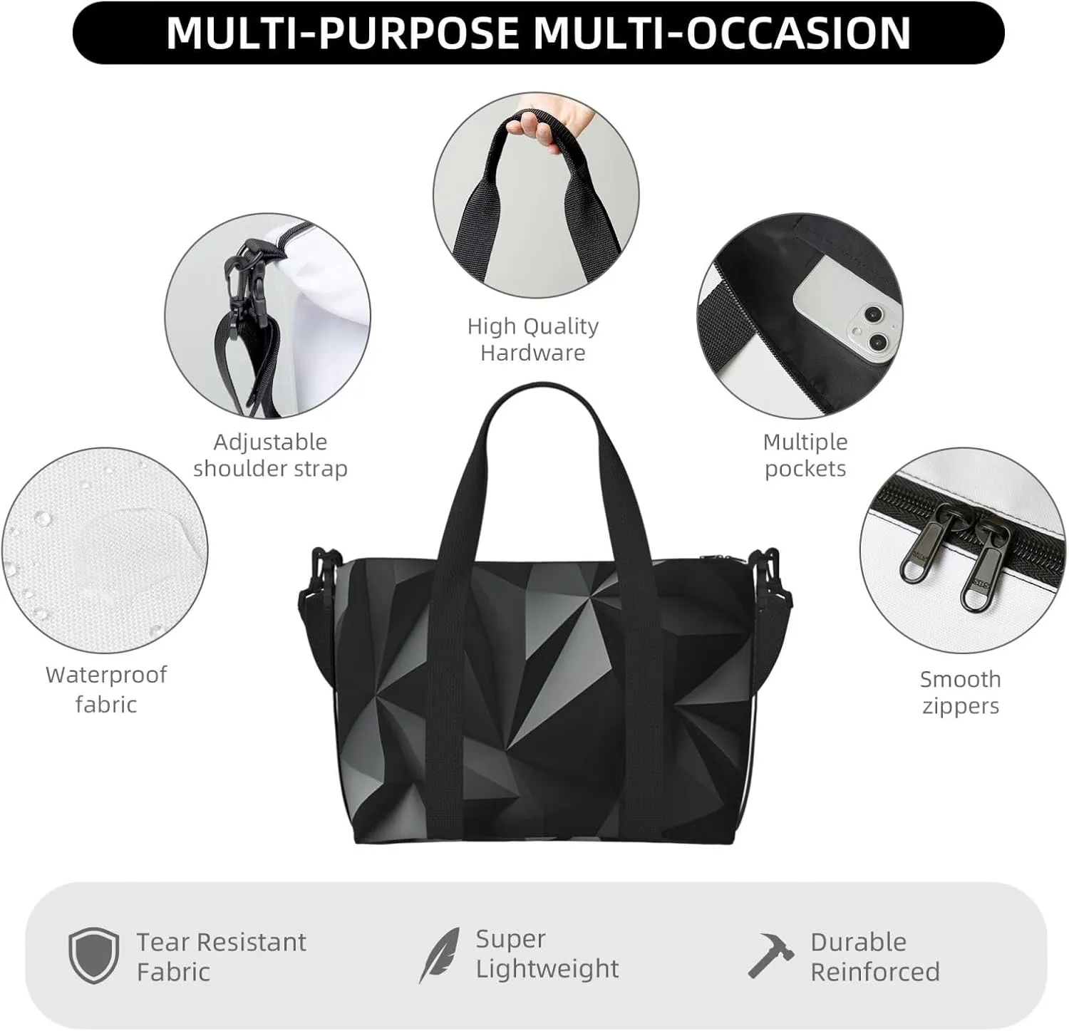 Sports Gym Bag for Women Men Travel Duffel Bag Tote Weekender Bag Carry on Overnight Bag for Travel Swimming Fitness Workout Sports black geometric Duffle Bag