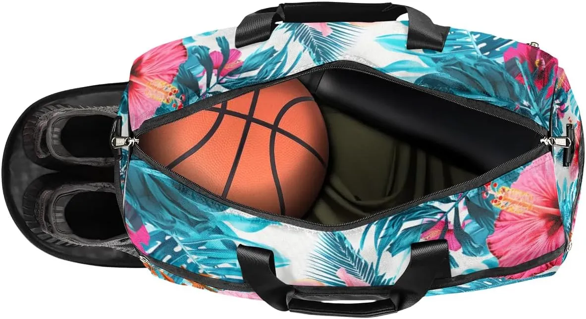 Sports Gym Bag for Women Men,Tropical Leaf Floral Waterproof Overnight Bag with Shoe Compartment, Travel Duffel Bag Carry On Weekender Bag for Beach Swim Pool Workout,BAG-391