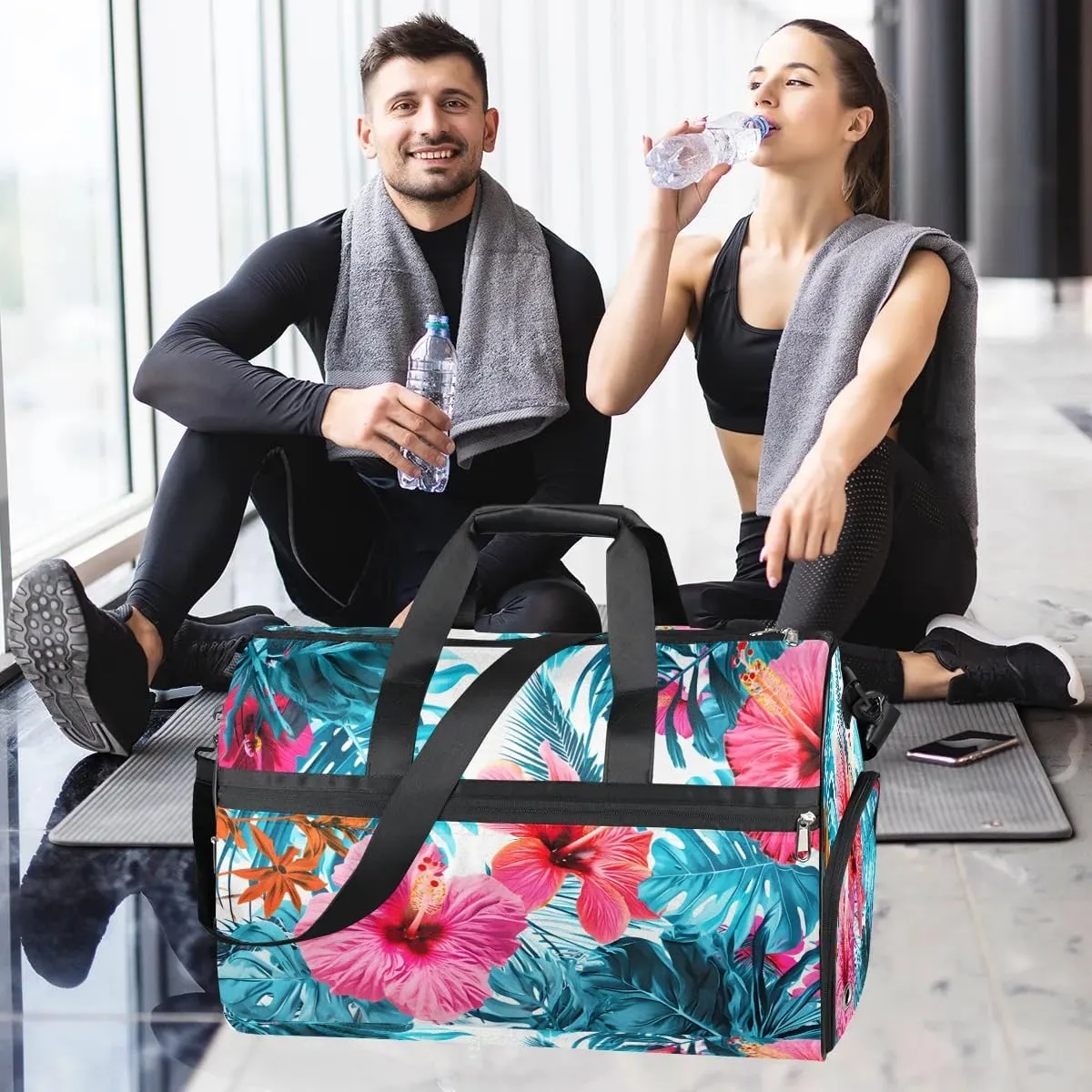 Sports Gym Bag for Women Men,Tropical Leaf Floral Waterproof Overnight Bag with Shoe Compartment, Travel Duffel Bag Carry On Weekender Bag for Beach Swim Pool Workout,BAG-391