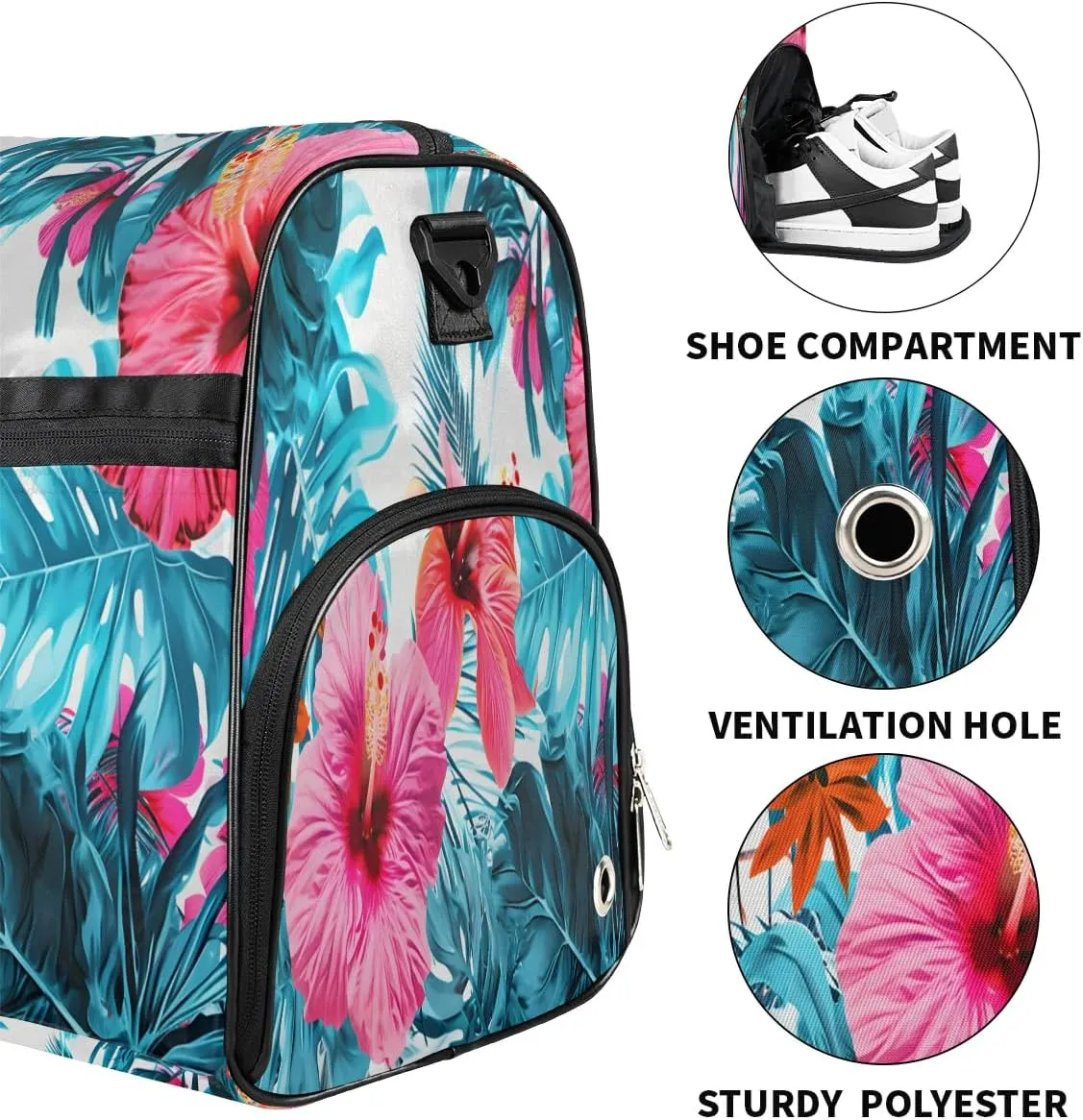Sports Gym Bag for Women Men,Tropical Leaf Floral Waterproof Overnight Bag with Shoe Compartment, Travel Duffel Bag Carry On Weekender Bag for Beach Swim Pool Workout,BAG-391